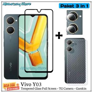 Paket 3 in 1 Vivo Y03 Tempered Glass Layar + Anti Gores Camera + Garskin