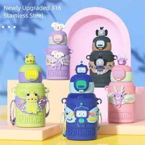 NANMEN 450ML Insulated Cup Cute Cartoon with Straw Water Bottle Portable Fall Prevention Water Cup