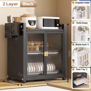 2/3-Tier Dish Rack Cabinet with Cover Steel Kitchen Organizer Cabinet Drawer Metal Carbon Black kitchenware set Dustproof Sink Rack Cook Room Sink Shelf Drain Rack On hand