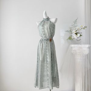 Women 2026 Summer Printed Halter Neck Hollow Lace Sash Draped Swing Dress