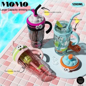 VIVOLILV 1 Pcs 1280ML Large Capacity Straw Cup Frosted Anti Slip Water Cup Water Bottle Transparent Kettle Cartoon Fashion PC Food Grade Material
