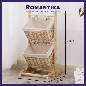 Romantika 2tier 3tier NATURAL WOVEN RACK iron storage basket snack and toy organizer small items sorting basket household bedroom storage rack
