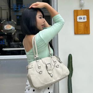 Luxury Y2k Motorcycle Rivet Pu Leather Tote Bag Vintage Mint Green Large Capacity Shoulder Bag Fashionable Simple Women Bag New2026