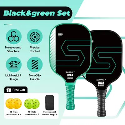 SOARFLY 2 Pack Fiberglass Pickleball Paddles Set USA Pickleball Approved Textured Surface for Max Spin PP Honeycomb Core Enlarged Sweet Spot Non-Slip Comfort Grip Includes 4 Pickleballs & Carry Bag for Beginners Intermediate Players