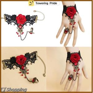 [Towering Pride] Hot New Elegant Gothic Style Lace Red Rose Bracelet with Adjustable Finger Ring