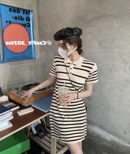 Thời Trang Missliu Cổ Áo Polo Thường Ngày Dáng Rộng Phong Cách Mới Mùa Hè Hàn Quốc Chân Váy Áo Thun Ngắn Tay Đầm Kẻ Sọc Thời Trang Dáng Suông