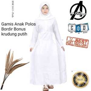 Gamis putih Anak perempuan usia 4-12th MOTIF Bordir bahan katun bonus Kerudung