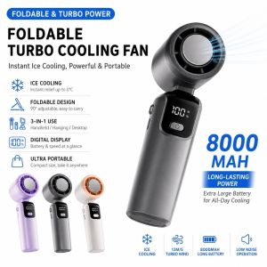 Foldable Turbo Ice Cooling Handheld Fan Semiconductor Superconducting Cooler 13M/S Strong Wind 90 Adjustable Head Digital Display 3 In 1 Portable Mini Fan Low Noise
