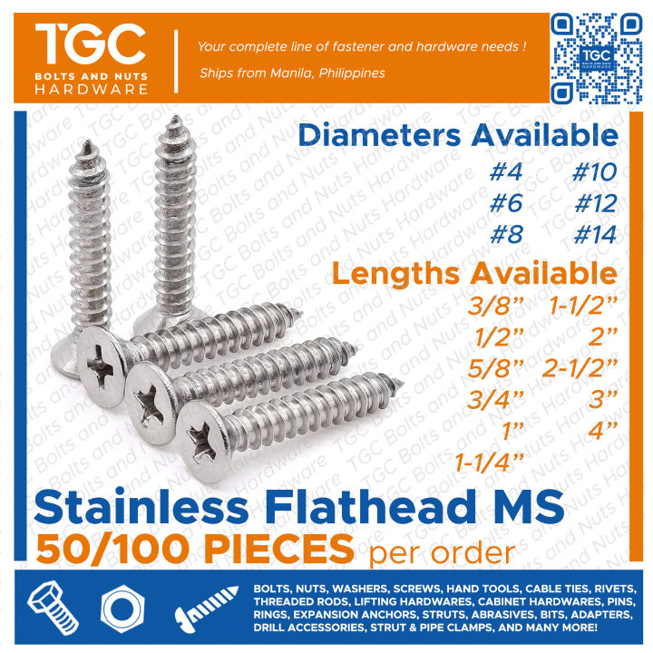 100/50PCS #4 #5 #6 #8 #10 #12 #14 SS Flathead Metalscrew / Stainless ...