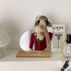 Ins Irregular Wooden Desktop Makeup Mirror Simple Shaped Net Red Same Model Photo Desktop Handheld Dormitory Desktop Girl Heart Small Mirror Vanity