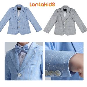 lontakids 2-14 Years Kids Boys Formal Suit Blazer Jacket Long Sleeve Grey Blue Pink Khaki Plaid Gentleman Coat Children Birthday Wedding Party Wear