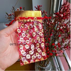 Túi muối lộc đỏ vỏ túi thơm túi vải dây rút đựng muối lộc vòng dâu hạt cafe treo xe