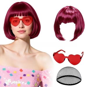 MAOMEI 3Pcs Halloween Tóc giả bob ngắn Giáng sinh Nhiều màu sắc Bộ tóc giả cosplay Y2K Tiệc Mái tóc ngắn Halloween