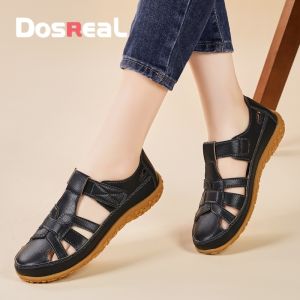 DOSREAL Flat Sandals For Women Leather Casual Gladiator Sandals Fashion Korean White Shoes Women Sandals Big Size 35-44 Flats Women Sandals
