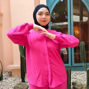 Kemeja Wanita Crinkle polos lengan panjang kemeja oversize atasan wanita
