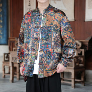 daidai (Ready Stock) Men Man CNY Shirt Tang Suit Samfu T Shirt Retro Chinese Short Sleeve 新中式唐装男复古中国风印花衬衫长袖盘扣立领中山装春秋大码衬衣