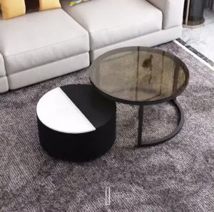 Nordic style living room coffee table combination - retractable tempered glass round table + creative iron side table