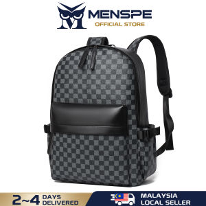 MENSPE Fashion Men’s Backpack Laptop Backpack Soft PU Backpack Business Travel Bag Waterproof Backpack Grid Pattern Design College Commuting Backpack Leisure School Bag For Travel Study Business
