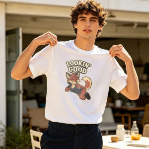 Sultry Lying Red Fox Lookin Good Retro Letter Print T-Shirt Men Cotton Crew Neck Furry Enthusiast Daily Casual Short Sleeve Tee
