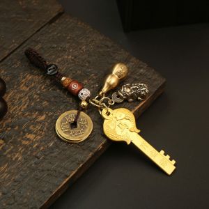 2025 Gold Key of Zhaocai Open Library Pure Brass Five Fulong Pendant Five Way God of Wealth Twelve Zodiac Pendant Gold Key 黄铜双鱼开金库钥匙挂件吊坠 男女包包汽车钥匙挂饰钥匙扣饰品