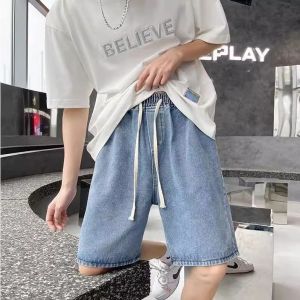 Retro denim shorts for woman and man summer high waist straight loose kids wide leg Cropped pants