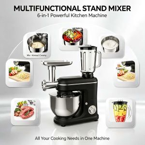 Black multi-function kitchen appliance with stainless steel bowl meat grinder blender and attachments for mixing and blending. Suitable for preparing smoothies ground meat and baked goods.
