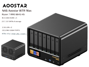 ควมพิวเตอร์ขนาดเล็ก และอุปกรณ์เก็บช้อมูลแบบโครงข่าย Host Mini PC Aoostar WTR Max device with  Ryzen 7 8845HS 6+5 Drive Bays OuLink+USB4+SFP+