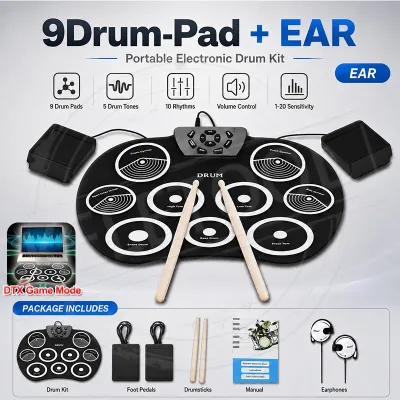 9 Pad Electronic Drum Set Portable Roll-up Drum Pad Electric Digital Drum Kit Thickened Compact Size Rechargeable Percussion with Drumsticks and Sustain Pedal