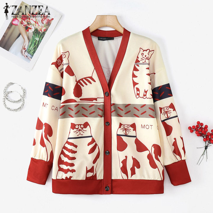 ZANZEA Women Streetwear Fun Prints Long Sleeve Kimonos V-Neck  Single-Breasted Loose Cardigan #0303 Lazada PH