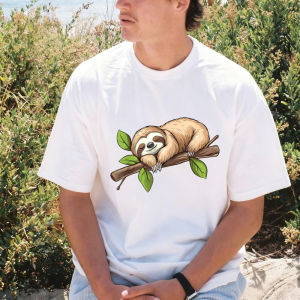 [Local Stock] VCC Funny Lazy Sloth Cartoon Animal White Crewneck Short Sleeve T-Shirt Man Women Casual Fashion Loose Harajuku Cotton Tshirt