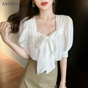 AMMIN summer dress new bow short-sleeved chiffon shirt womens Korean version fashion elegant all-match square neck chiffon top