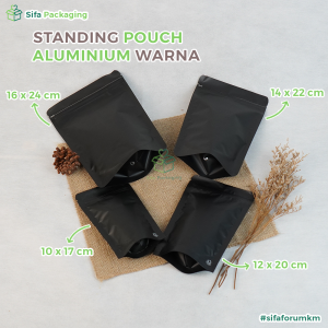 Standing Pouch Ziplock Foil Ziplock Window Plastik Klip Full Alumunium Foil Warna Putih Hitam Kemasan Makanan Sekali Pakai Snack isi 100 pcs