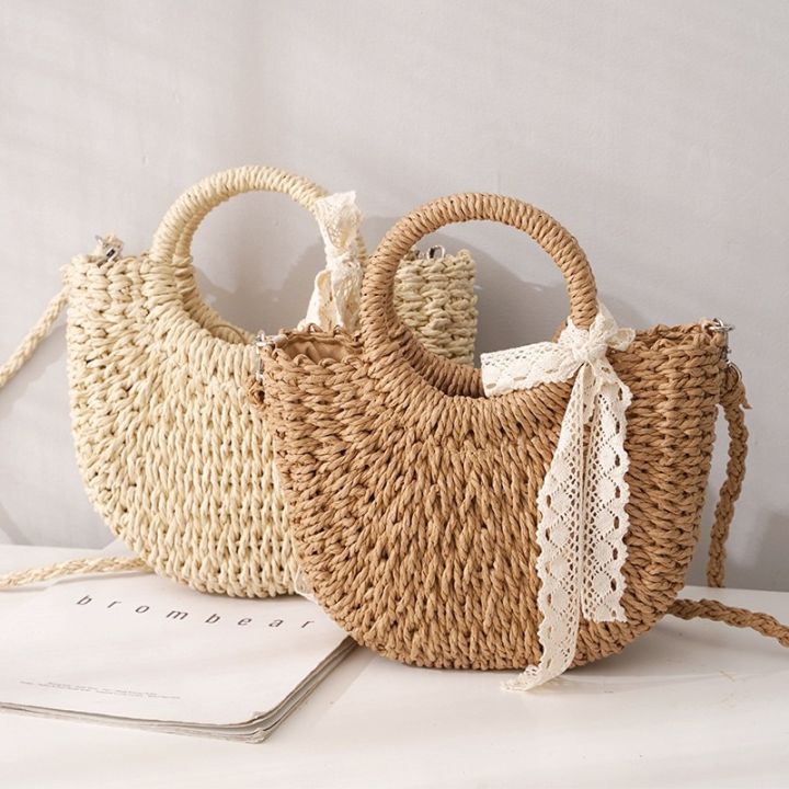 Summer Half Moon Handmade Straw bag tote bag beach Shoulder