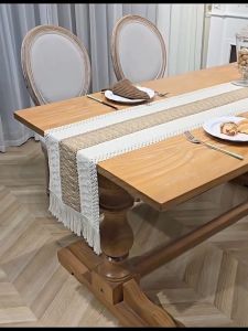Nordic Nordic Linen Table Runner Seater Stripe Stitched with Tassel Placemat Household Boho