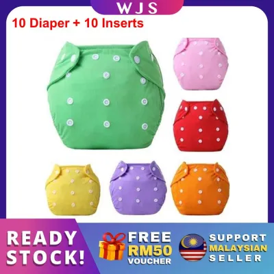(UP TO 10 PCS + 10 INSERTS) WJS Affordable Cost Saving 10pcs 10 PCS or 5pcs 5 PCS Super Smooth Adjustable Reusable Baby Washable Cloth Diaper Nappies With Inserts [FREE RM 50 VOUCHER]