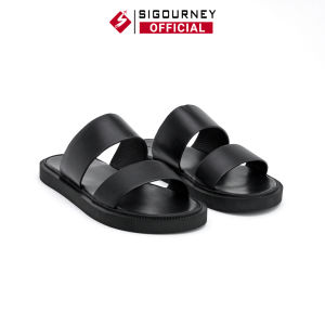 Dép Nam Hai Quai Ngang Da Bò Khâu Đế Bền Bỉ SIGOURNEY DN-123 Màu Đen Trơn Bảo Hành 18 Tháng