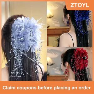 【ZTOYL】 Women Luxury Mesh Flower Pearls Tassels Hair Clips Female Fluffy Shark Hair Claws Hair Accessories Headdress