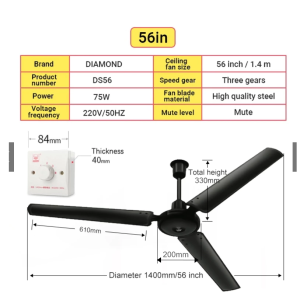 Heavy‑Duty Inverter Ceiling Fan 56 Inch 3 Steel Blades Strong Wind With Remote Control For Home Living Room