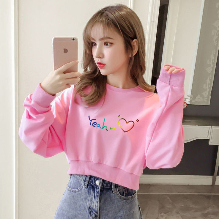 Womens Fresh And Cute Round Neck Long Sleeved Tops Korean Fashion Umbilical High Waist Thin 8232