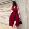 [LYSY] Woman Retro Dresses Bow Pinup Ball Grown Belt Party Robe Vestidos High Street Mid-length Blazers Style Slim Sleeveless Dress New ☆. 