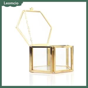 [Leomcio] กล่องใส่แหวนหกเหลี่ยมปลายสูงสีทองและเครื่องประดับกล่องเก็บเครื่องประดับแก้วสีทองหรูหราและย้อนยุค