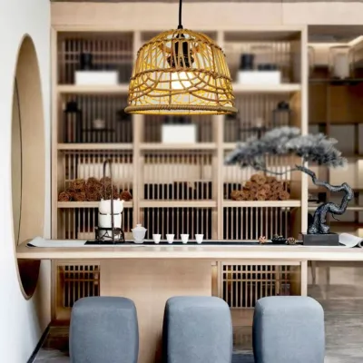 [Fast Deliver] Plastic Simulated Rattan Lamp Cover Vintage Hanging Pendant Light Cover Home Decor Rustic Geometric Light Cover Ceiling Light Fixture