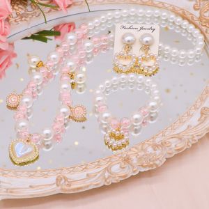 O-KAY 4pcs/set Kids Girl Fashion Jewelry Dream Pearl Necklace Bracelet Earrings Accessories Gift for Girls No Ring