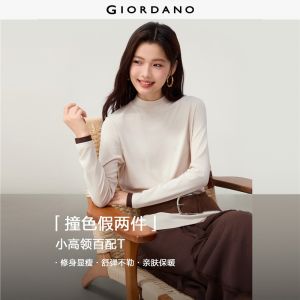 Giordano Beau Monde Women Fake two-piece mock neck long sleeve knit tee Free Shipping 13326626