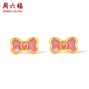 ZHOU LIU FU 周六福 999 24K Solid Gold Stud Earrings Butterfly Bow Studs Pink Butterfly Knot Enamel Stud Earring Dainty Jewelry for Women Girl Lover A0913240
