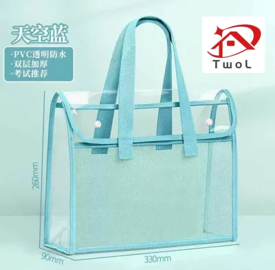 Stock no.169 Transparent File Bag with green handles and mesh body for organizing documents. Suitable for carrying books and stationery. Available in pastel colors.