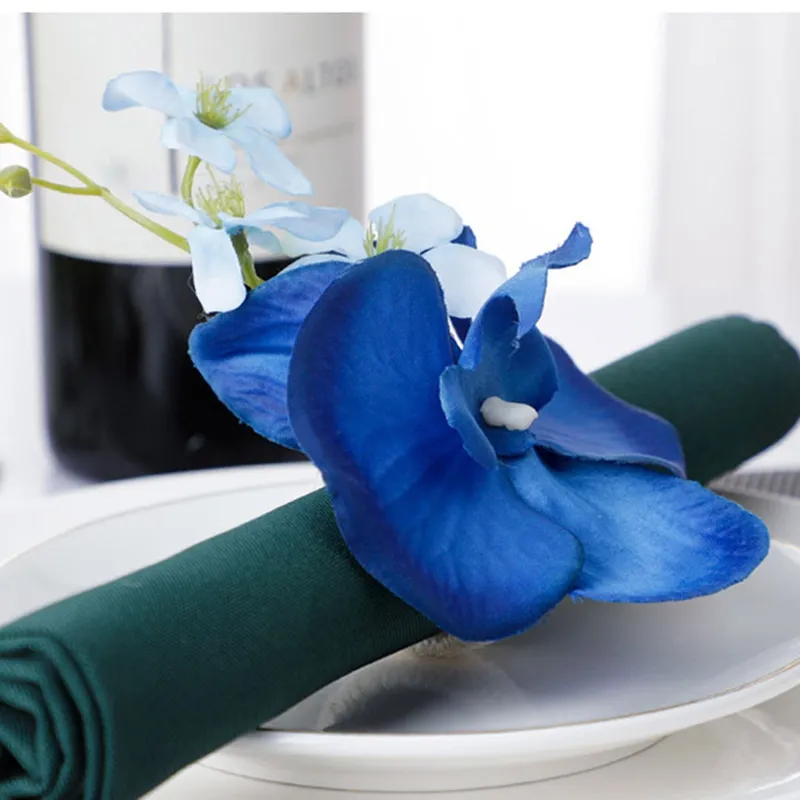 6PCS Handmade Orchid Flower Napkin Rings Blue Flower Holders