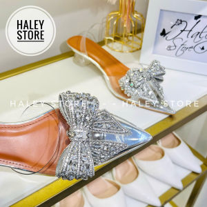 (LÙI 1 SIZE- ĐỌC MÔ TẢ) Giày ball nơ đá xám HALEY STORE gót cao 2cm bít mũi nhọn mika trong suốt đính nơ cô dâu tiểu thư công chúa đi tiệc