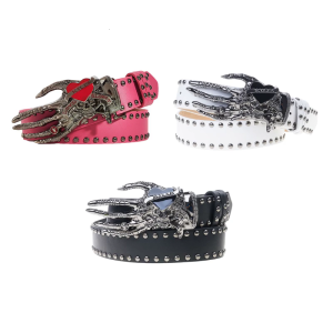 เข็มขัดหนัง PU สีดำอินเทรนด์พร้อมดีไซน์หัวกะโหลกด้วยมือปรับได้สำหรับรูปร่างที่แตกต่างกัน