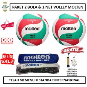 PAKET 2 BOLA DAN 1 NET MOLTEN SIAP MAIN - COCOK UNTUK LIGA PROFESIONAL - BOLA VOLLY MOLTEN V5M 5000